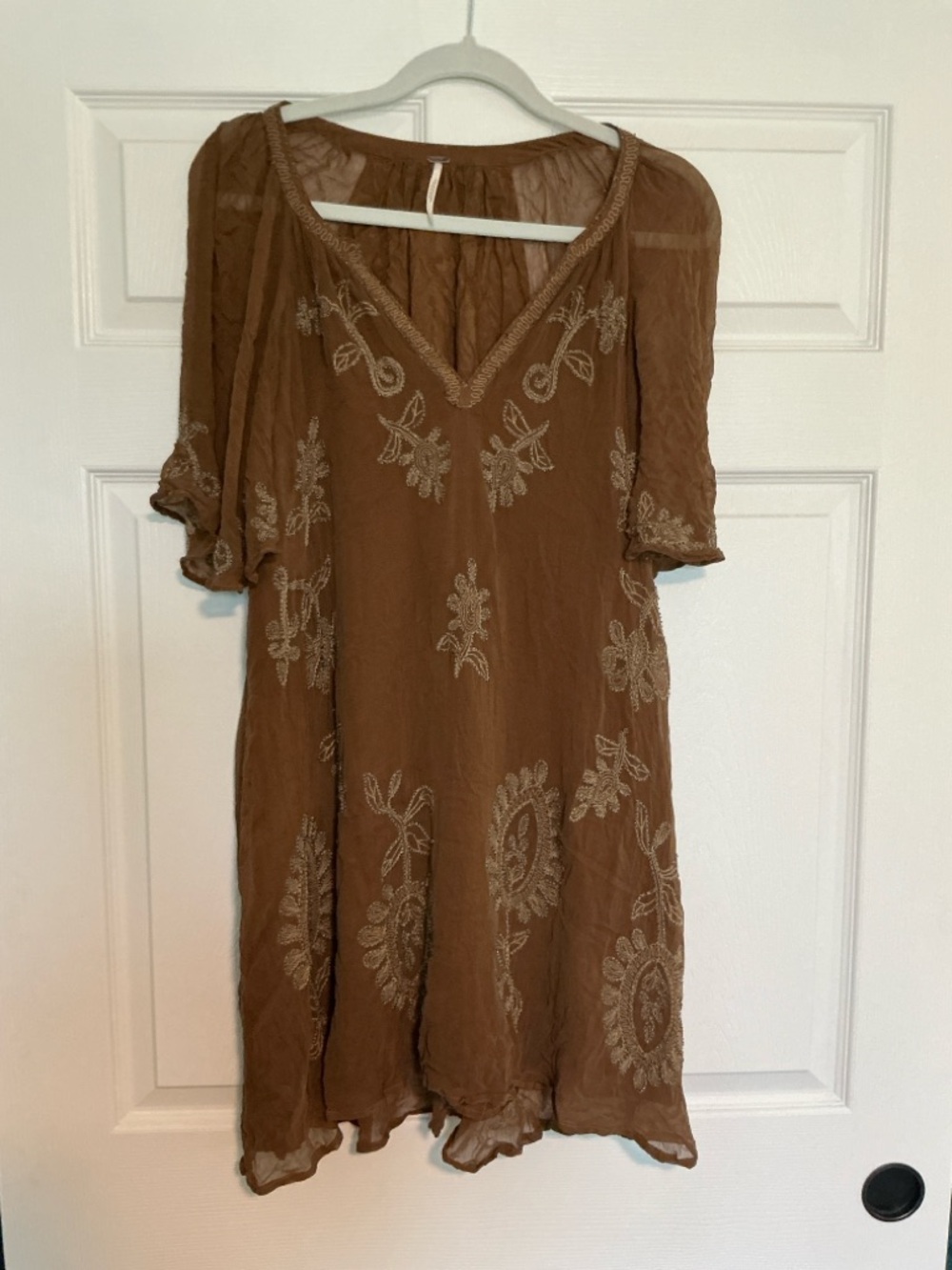 Free People chestnut Brown Embroidered Beaded V‑Neck Tunic